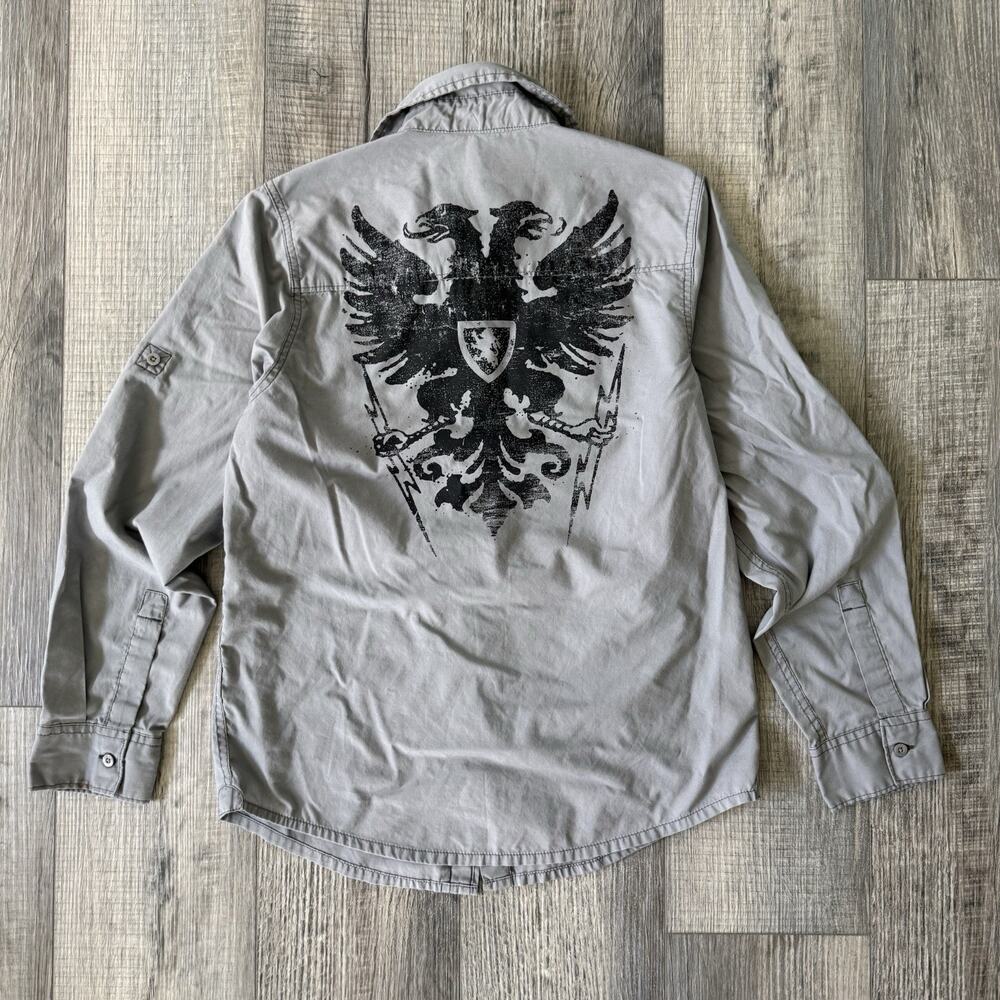 Y2K Helix Eagle Crest Back Graphic Button Down Shirt Boys XL Cyber Grunge Emo